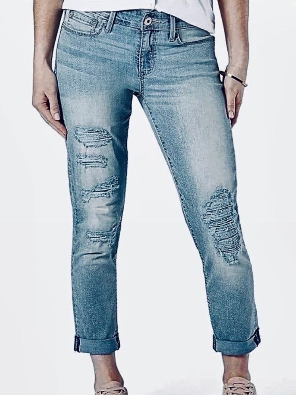 New Levis Denizen Distressed Denim Boyfriend Jeans Double Roll Cuff Women’s Sz 5